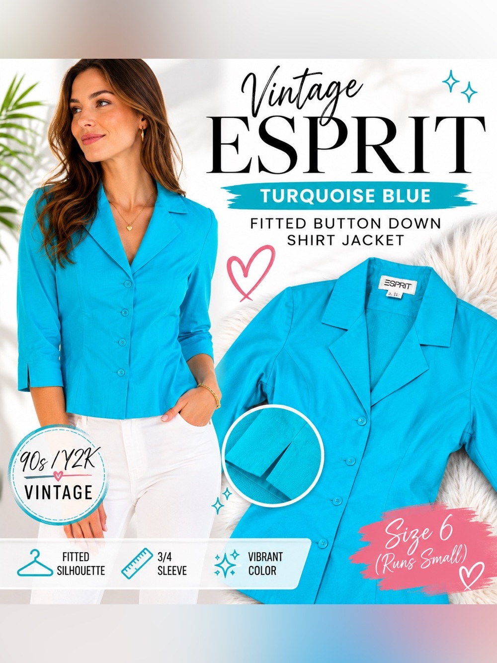 Vintage Esprit Turquoise Blue Fitted Button Down Shirt Jacket 3/4 Sleeve Size 6